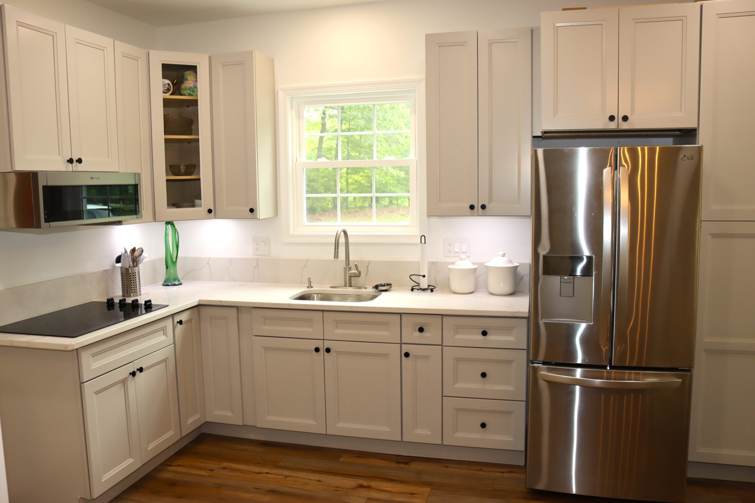 Finished garage living space with seating area