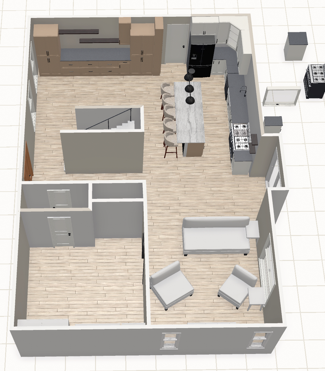 Powder room with modern vanity and mirror