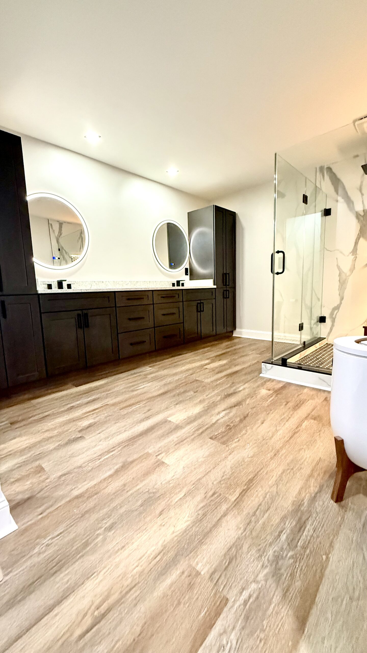 Kitchen island with modern lighting and integrated storage