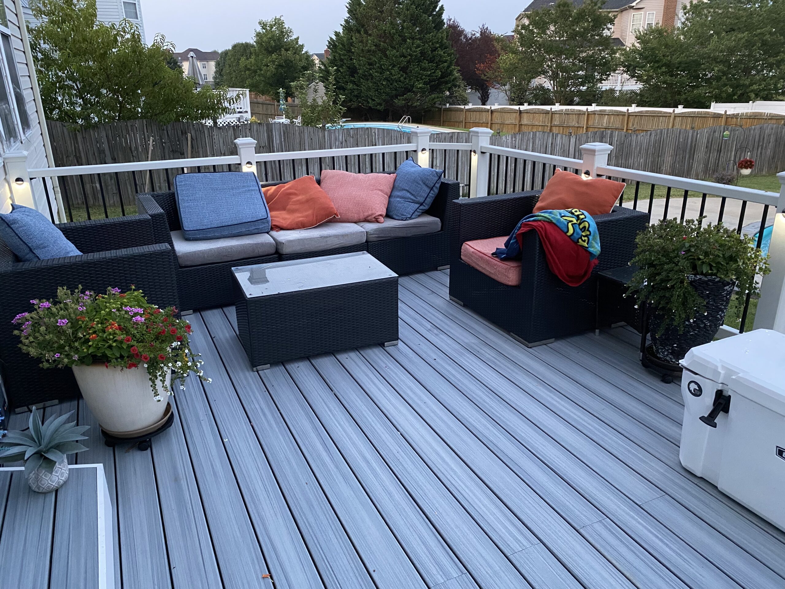 Deck with composite boards and railing details