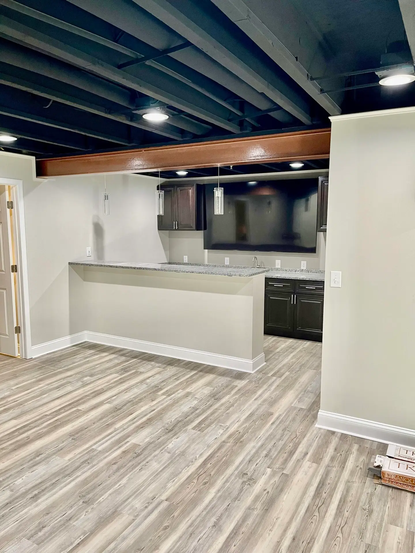 Finished basement living area with sectional and TV