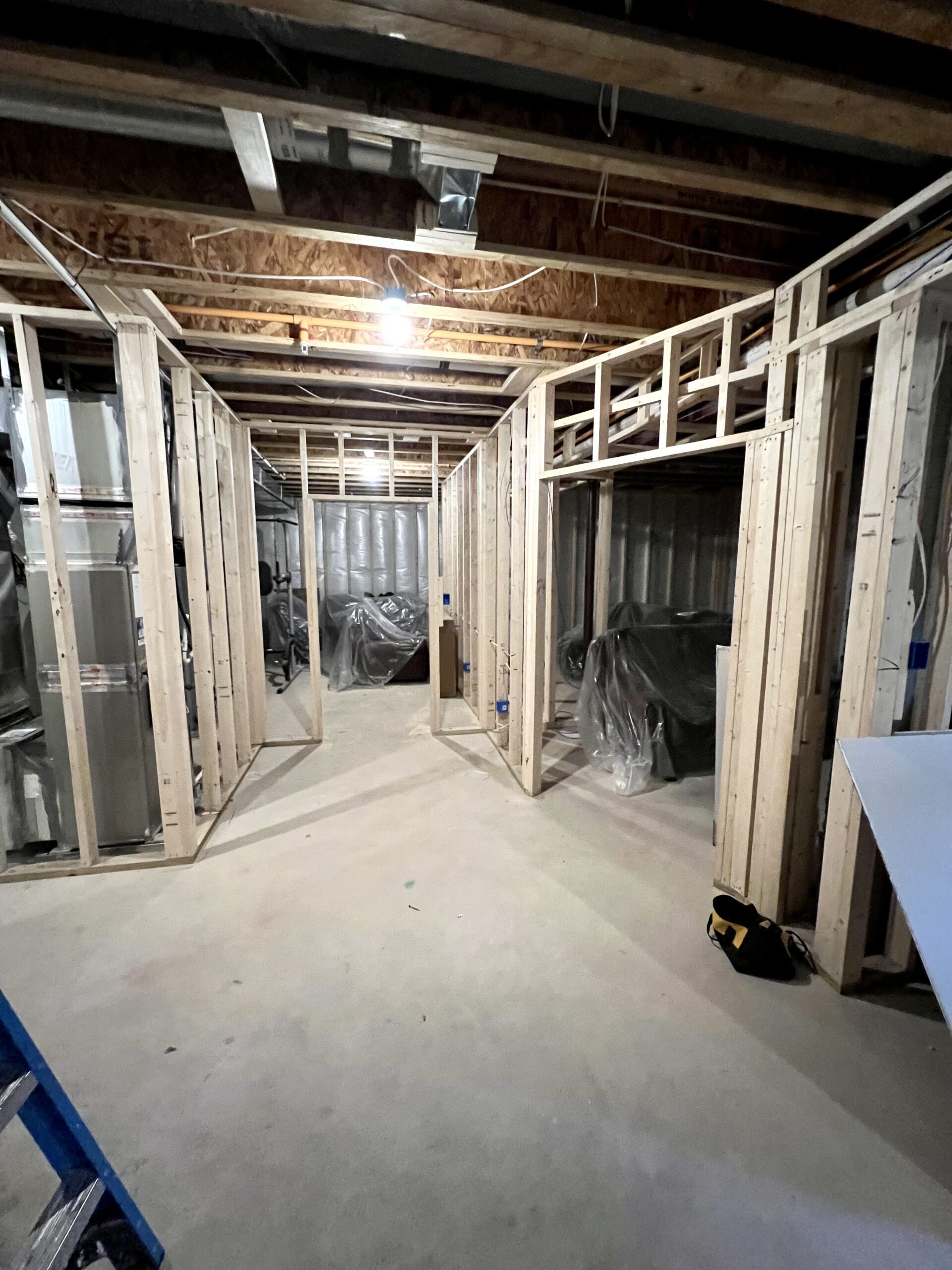 Basement framing and rough-in stage during construction