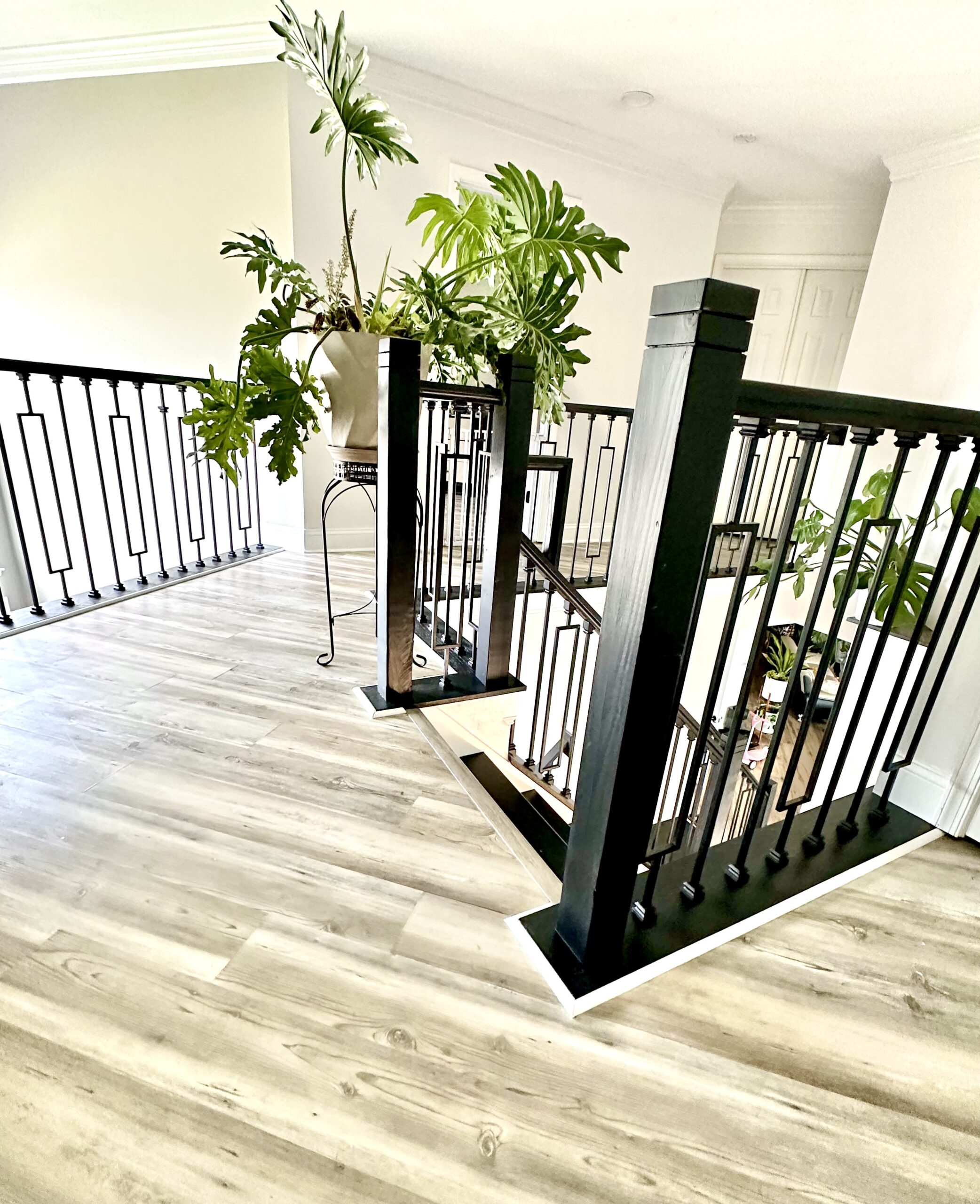 Open staircase remodel in Gainesville VA with modern railing and flooring